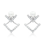 Load image into Gallery viewer, SO SEOUL Double V-Shaped Cubic Zirconia Diamond Simulant and Pearl Stud Earrings
