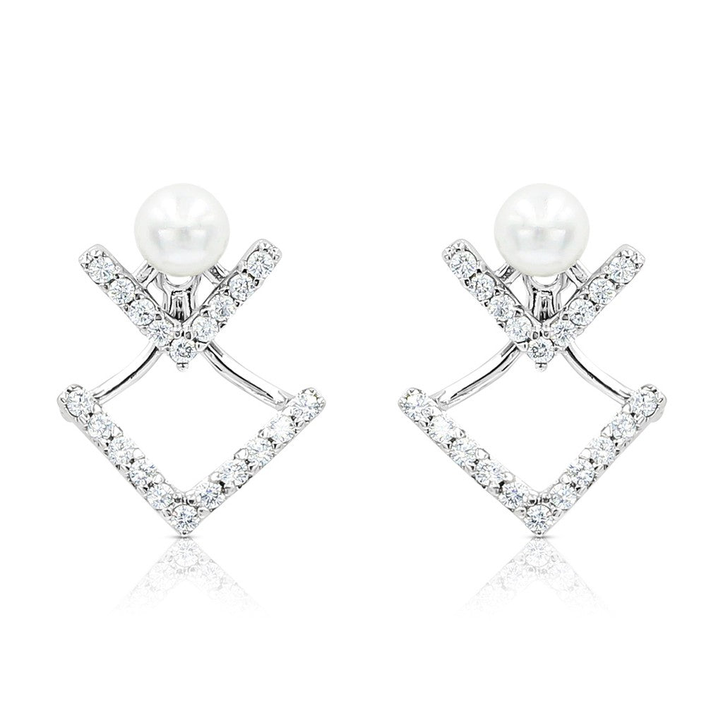 SO SEOUL Double V-Shaped Cubic Zirconia Diamond Simulant and Pearl Stud Earrings