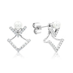 Load image into Gallery viewer, SO SEOUL Double V-Shaped Cubic Zirconia Diamond Simulant and Pearl Stud Earrings
