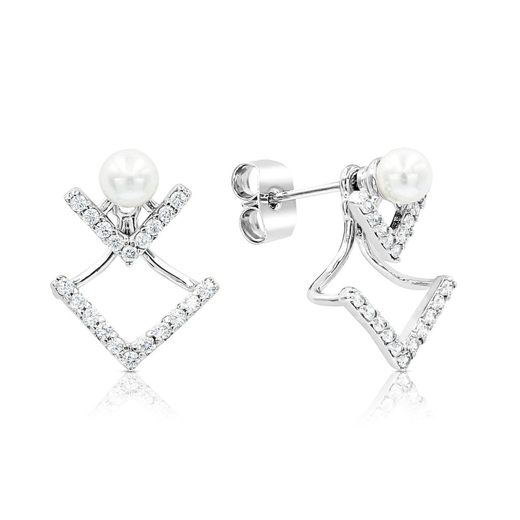 SO SEOUL Double V-Shaped Cubic Zirconia Diamond Simulant and Pearl Stud Earrings