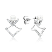 SO SEOUL Double V-Shaped Cubic Zirconia Diamond Simulant and Pearl Stud Earrings