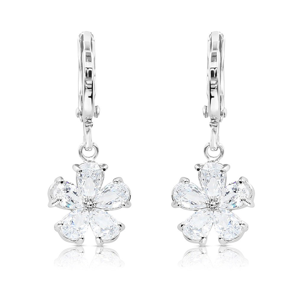 SO SEOUL Leilani Floral Diamond Simulant Cubic Zirconia  Dangle Hoop or Clip-On Earrings