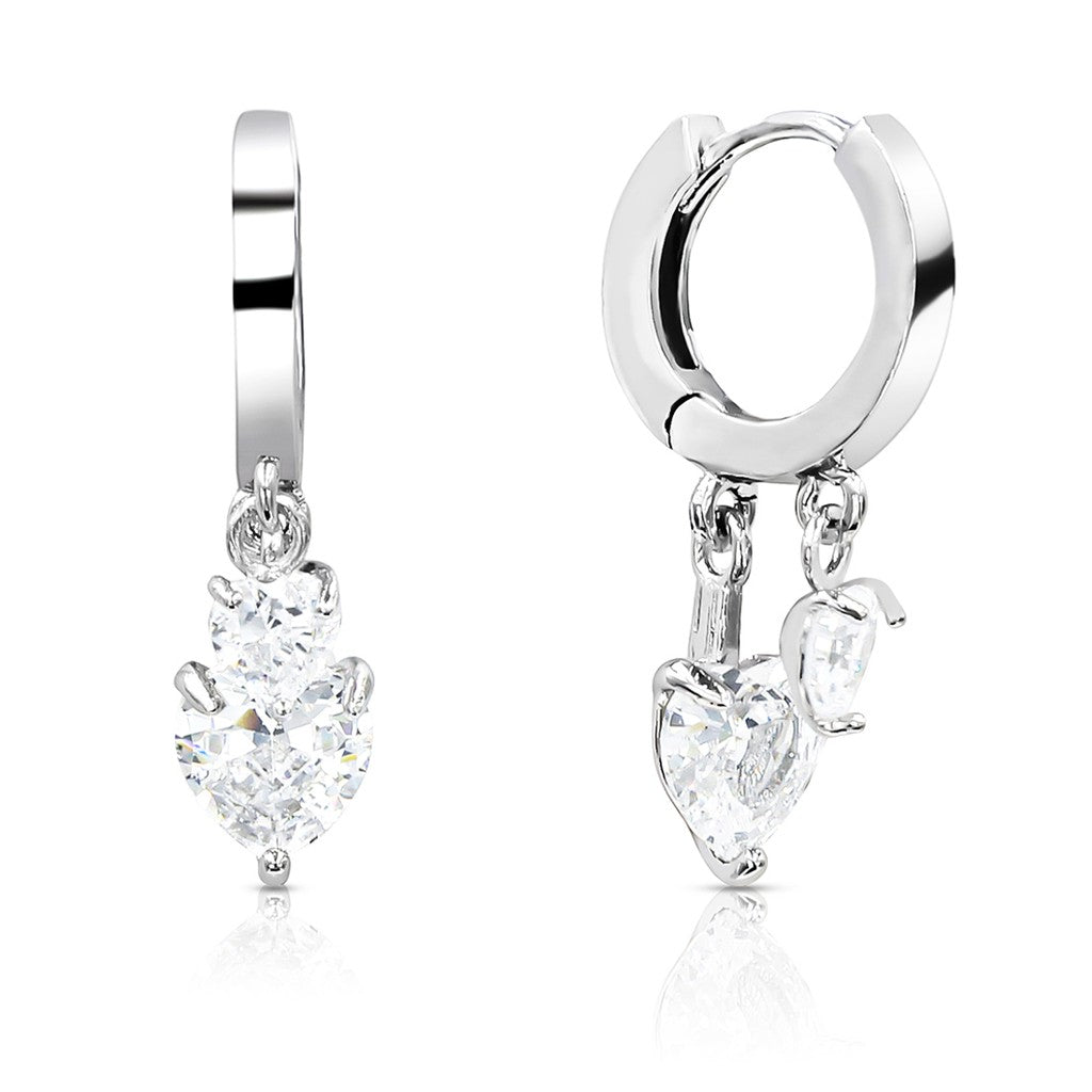 SO SEOUL Double Heart Cubic Zirconia Dangle Huggie Hoop Earrings