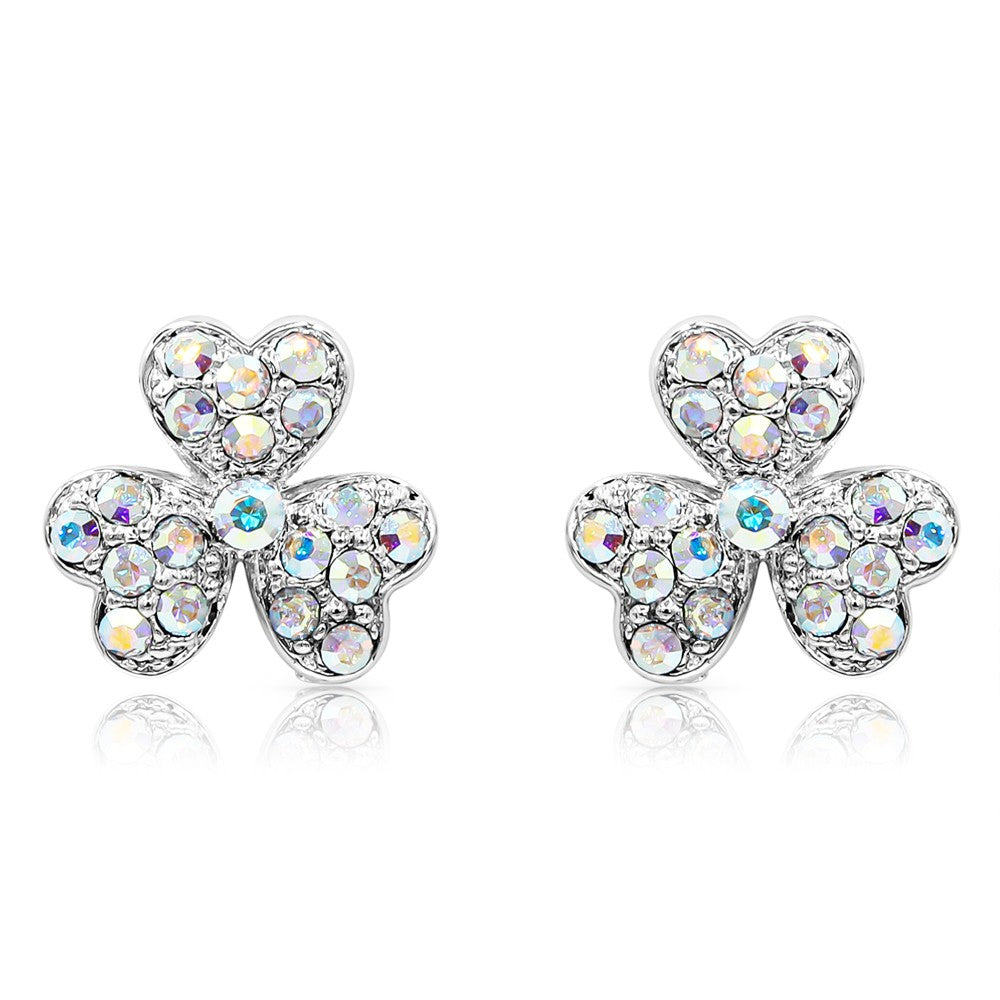 SO SEOUL Alette Three-Leaf Heart Clover Stud Earrings with Aurore Boreale Austrian Crystals