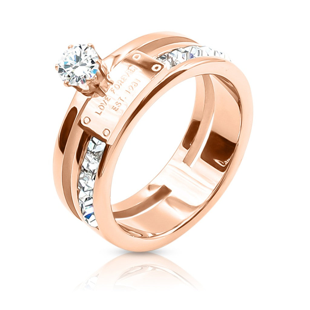 SO SEOUL Bianca Dual-Line Multi-Layer Rose Gold Ring with 0.25 CARAT Emerald-Cut Diamond Simulant Cubic Zirconia