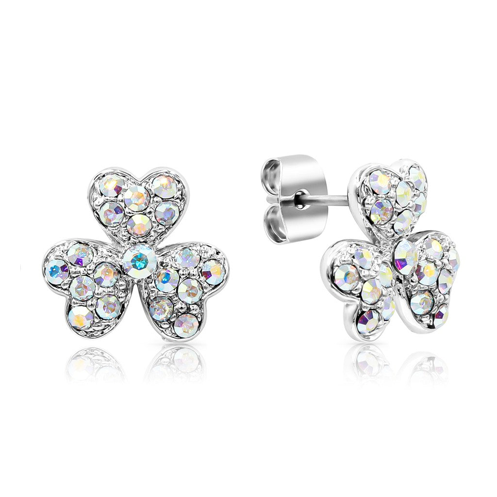 SO SEOUL Alette Three-Leaf Heart Clover Stud Earrings with Aurore Boreale Austrian Crystals