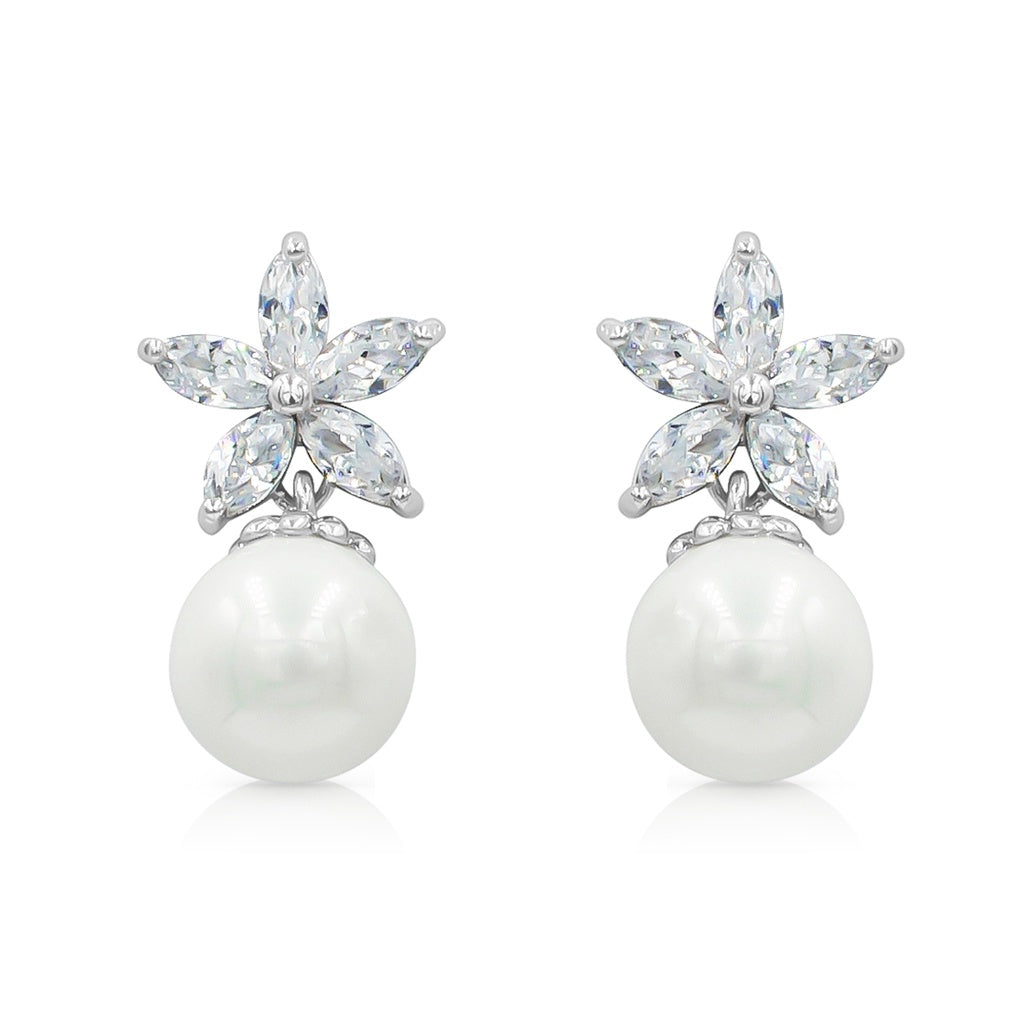SO SEOUL Leilani Blossom Pearl and Diamond Simulant Cubic Zirconia Stud Earrings