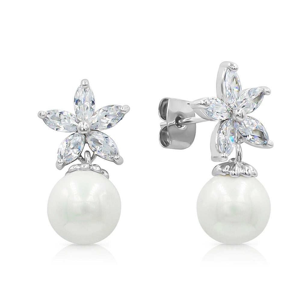 SO SEOUL Leilani Blossom Pearl and Diamond Simulant Cubic Zirconia Stud Earrings