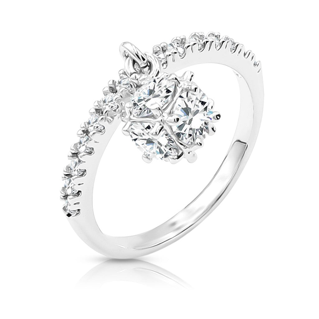 SO SEOUL Genevieve Silver Ring - Cubic Zirconia Diamond Simulant with Round Eternity Band and Dangling Charm Detail