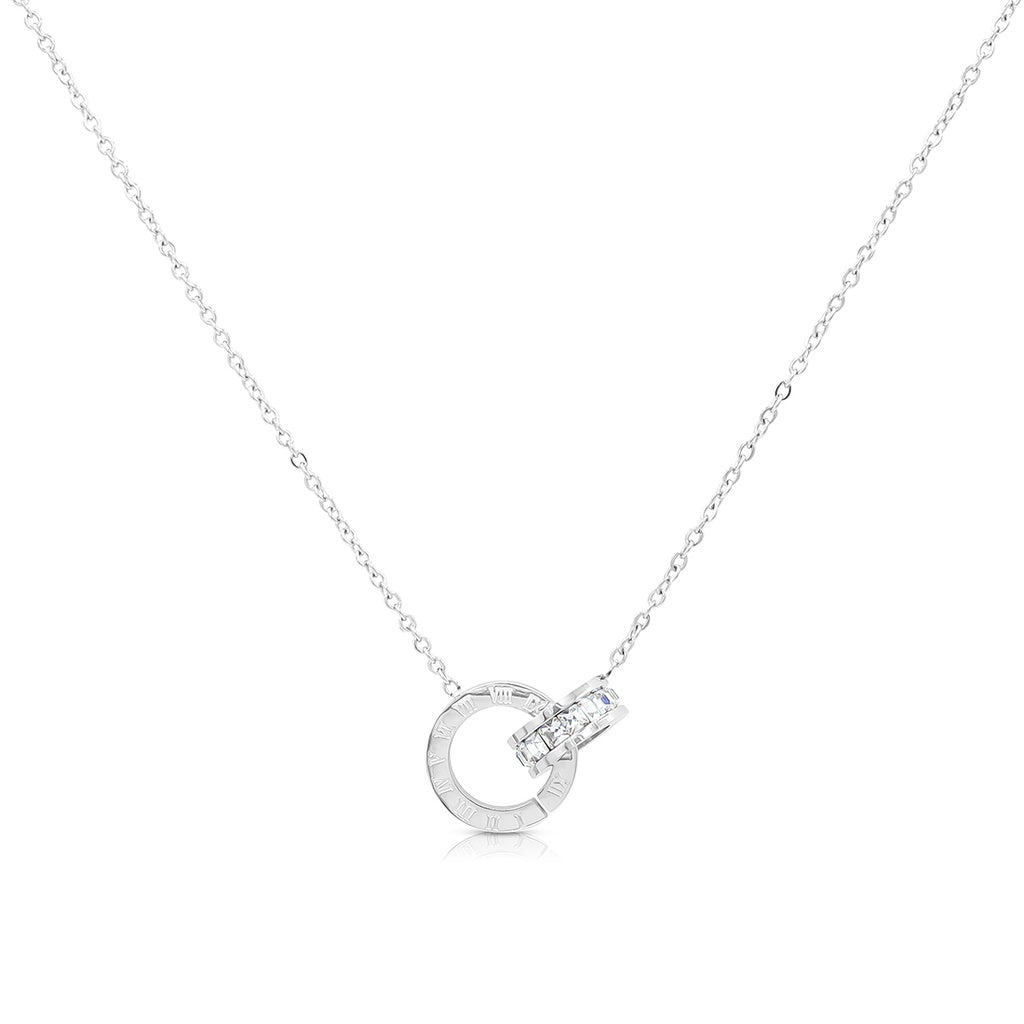 SO SEOUL Valeria Interlocking Circles Pendant Necklace with Roman Numerals and Diamond Simulant