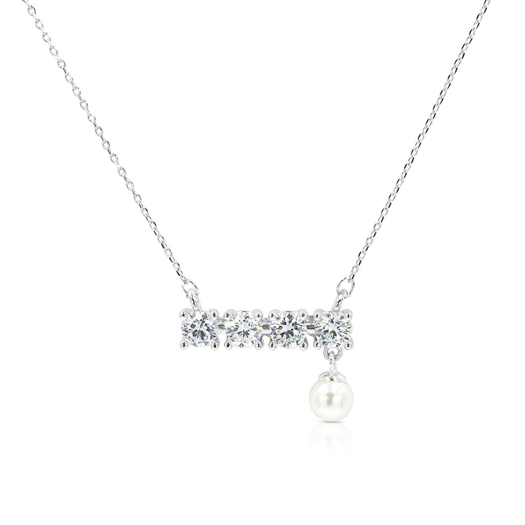 SO SEOUL Everleigh Elegant Solitaire and Dangle White Pearl with Diamond Simulant Cubic Zirconia Fixed Chain Necklace