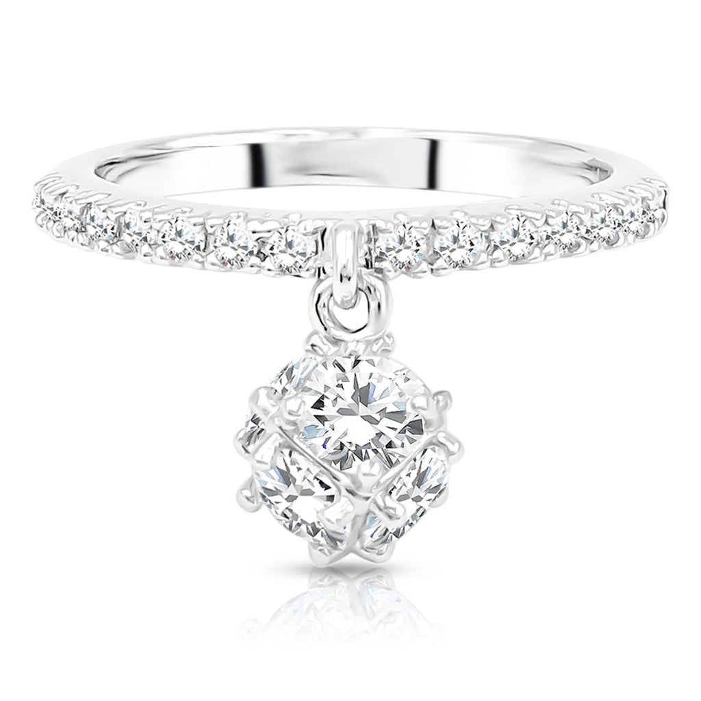 SO SEOUL Genevieve Silver Ring - Cubic Zirconia Diamond Simulant with Round Eternity Band and Dangling Charm Detail