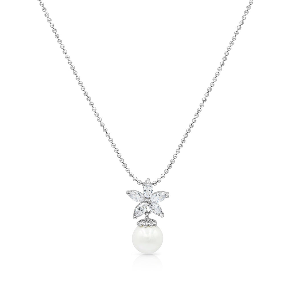 SO SEOUL Leilani Blossom Pearl and Diamond Simulant Cubic Zirconia Pendant Necklace