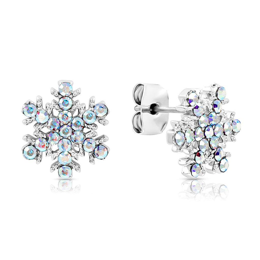 SO SEOUL 'Let it Snow' Varied Sizes Snowflake Aurore Boreale Austrian Crystal Stud Earrings