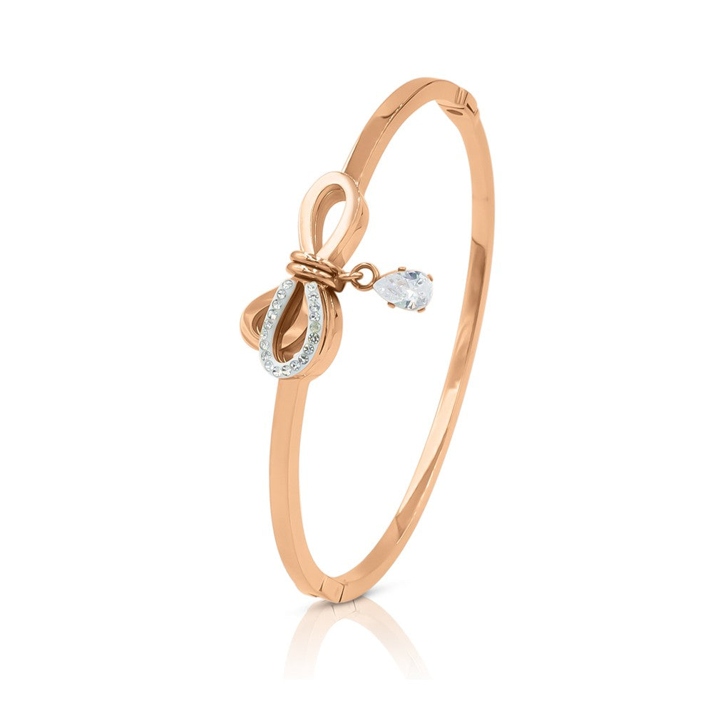 SO SEOUL Rose Gold Teardrop Crystal Ribbon Bangle with Diamond Simulant Dangle