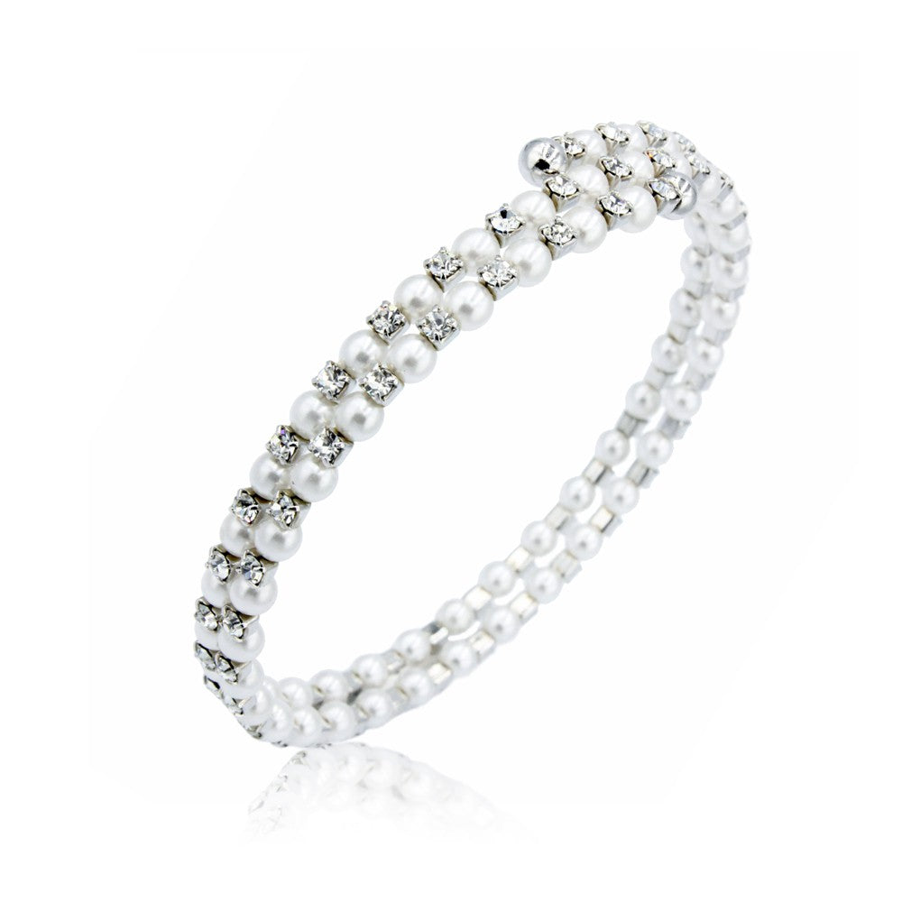SO SEOUL Quinn Elegance - White Pearl & Austrian Crystal Spiral Bangle, Adjustable Open-End Design