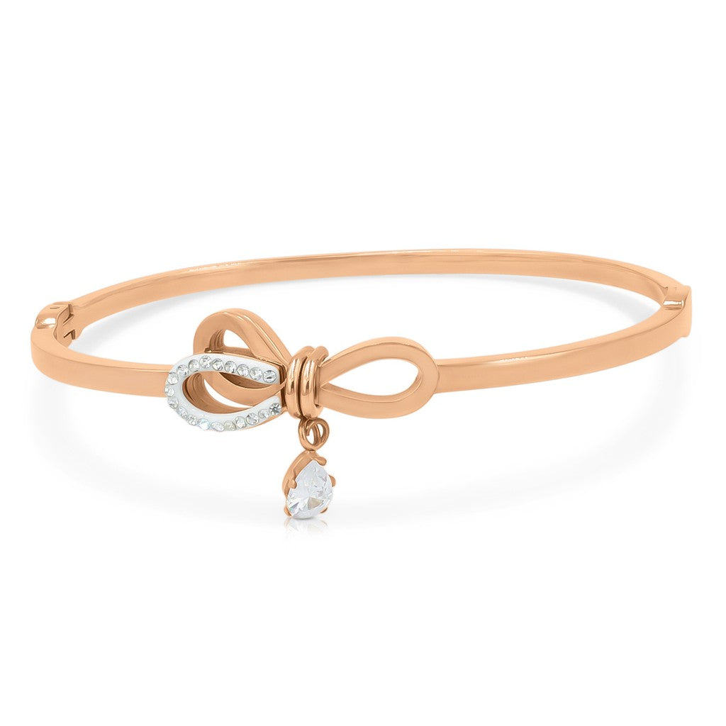 SO SEOUL Rose Gold Teardrop Crystal Ribbon Bangle with Diamond Simulant Dangle