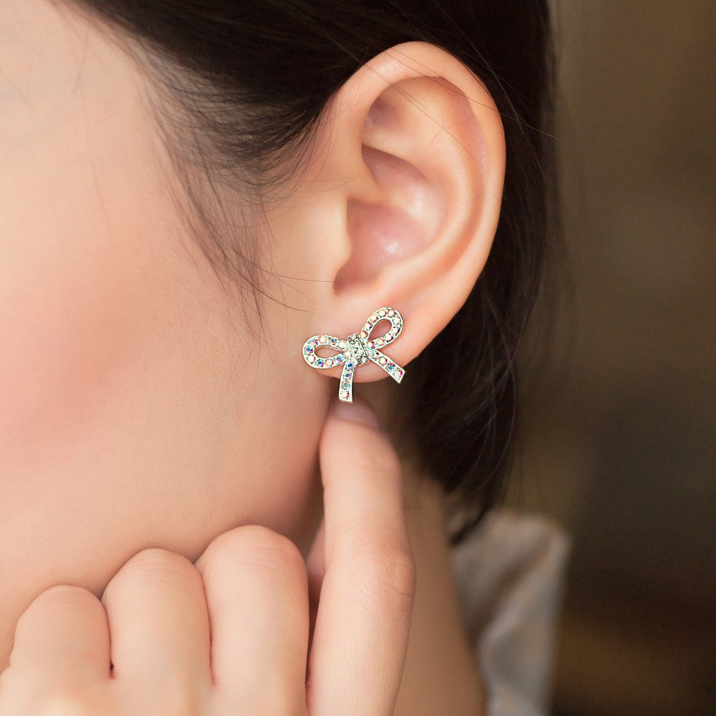 SO SEOUL Graceful Ribbon Bow Oversized Aurore Boreale Austrian Crystals and Silver Posts Stud Earrings