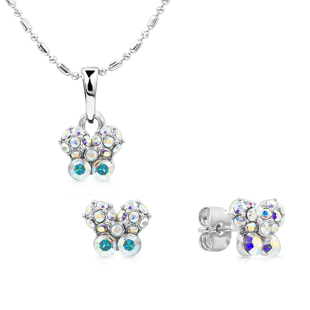 SO SEOUL Petite Caria Butterfly Austrian Crystal Set - Aurore Boreale or Pink Stud Earrings and Pendant Necklace