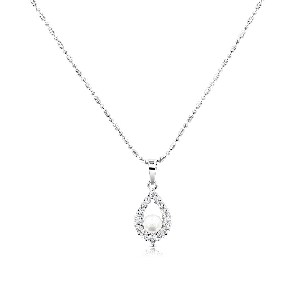 SO SEOUL Everleigh Pearl Halo Pendant with Diamond Simulant Cubic Zirconia Stud Earrings and Pendant Necklace Set