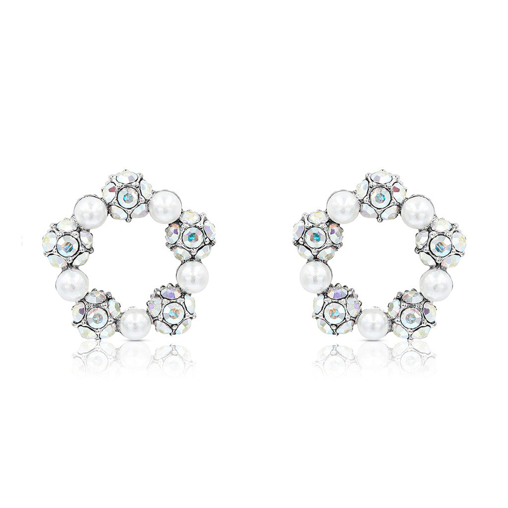 SO SEOUL Pearl-Encrusted Aurore Boreale Austrian Crystal Wreath Silver Posts Stud Earrings