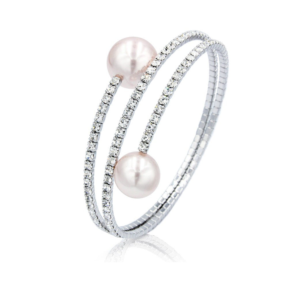 SO SEOUL Quinn Elegance - White or Pink Pearl Double Row Austrian Crystal Adjustable Spiral Bangle