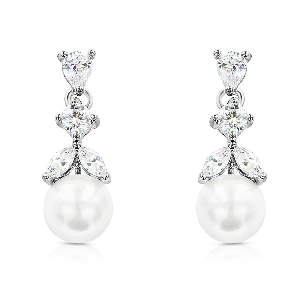 SO SEOUL Ioni Leaf-Inspired Pearl Drop Earrings with Diamond Simulant Cubic Zirconia Studs