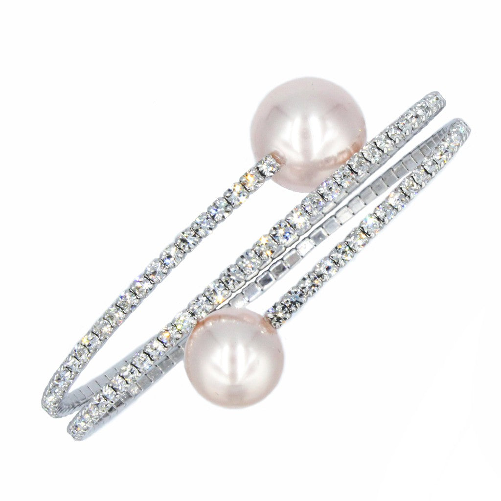SO SEOUL Quinn Elegance - White or Pink Pearl Double Row Austrian Crystal Adjustable Spiral Bangle