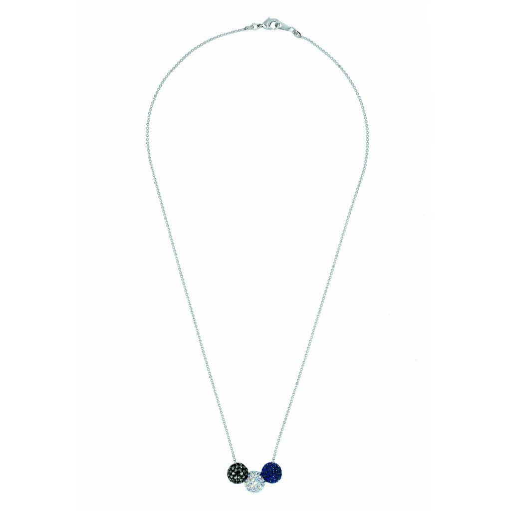 SO SEOUL Arwen Blueberry Triple Lollipop Necklace with Navy Blue, Midnight Black, and Dazzling White Austrian Crystal Balls on a Silver Chain