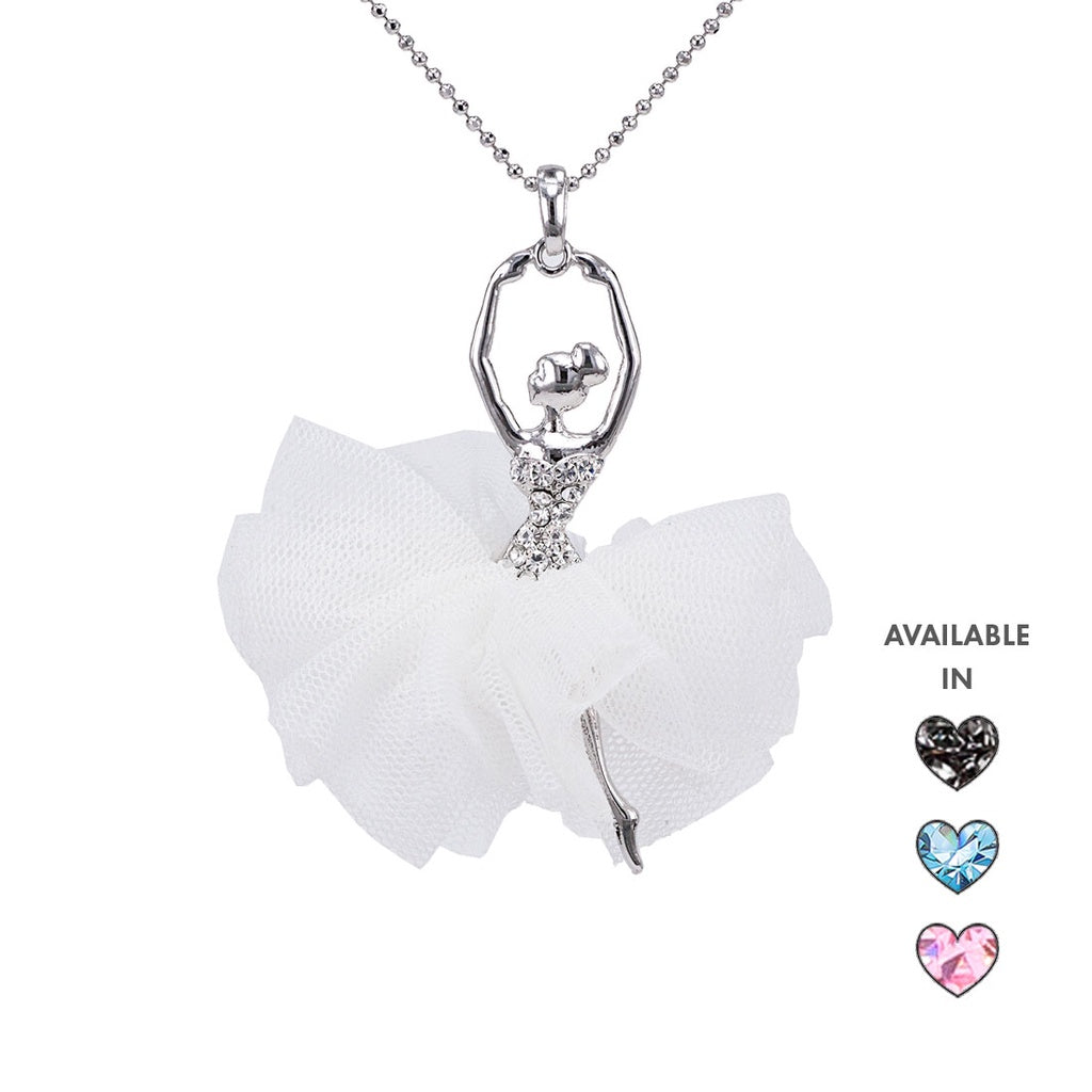 SO SEOUL 'Ellie' Ballerina Pendant Necklace with Austrian Crystals and Organza in White, Pink, Blue, and Black