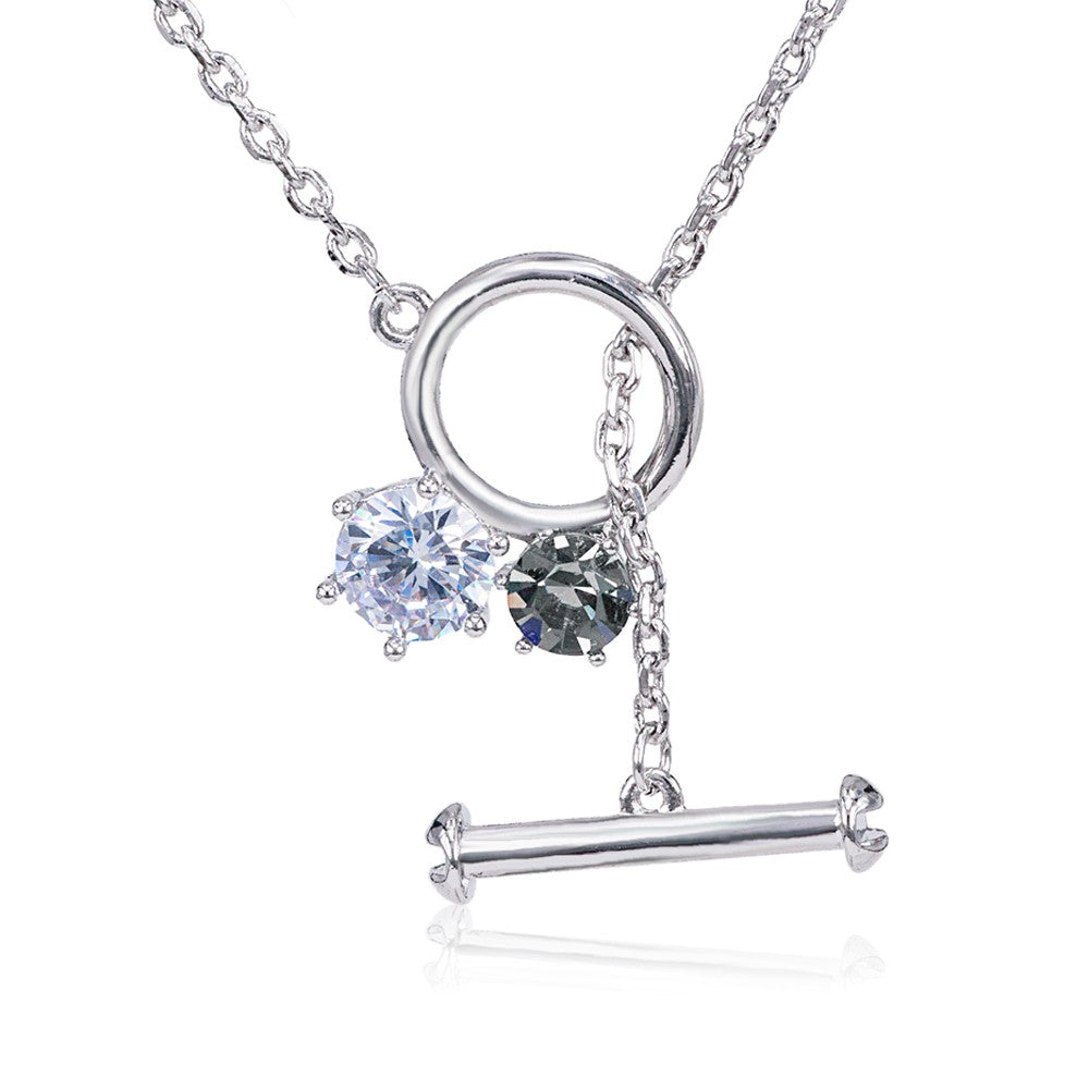 SO SEOUL Eleanor Lariat Necklace with White and Grey Diamond Simulant Zircon Solitaire in T-Bar Design