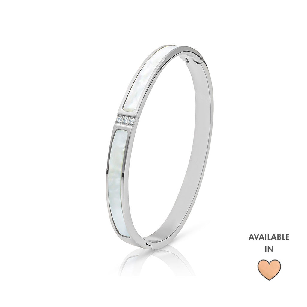 SO SEOUL Claire Mother of Pearl and White Austrian Crystal Encrusted Silver-Toned Hinged Bangle