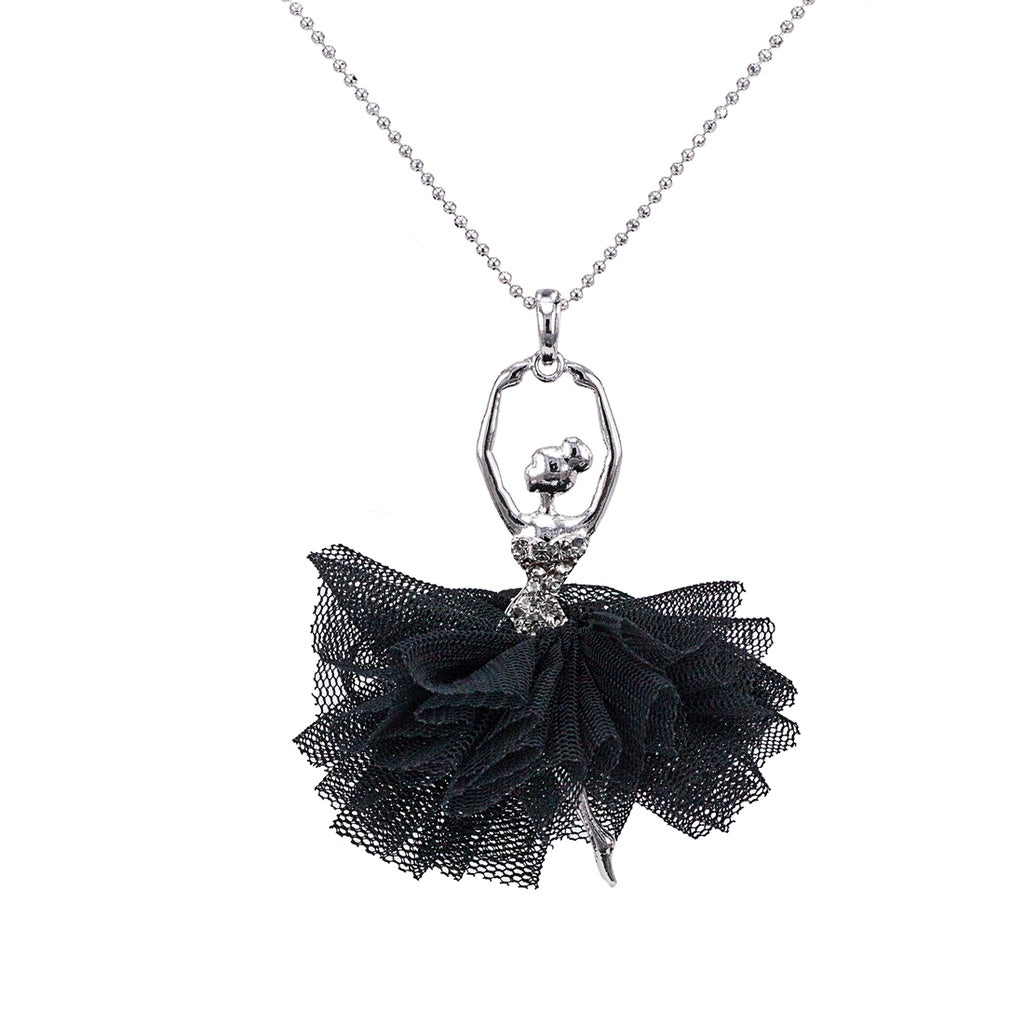 SO SEOUL 'Ellie' Ballerina Pendant Necklace with Austrian Crystals and Organza in White, Pink, Blue, and Black
