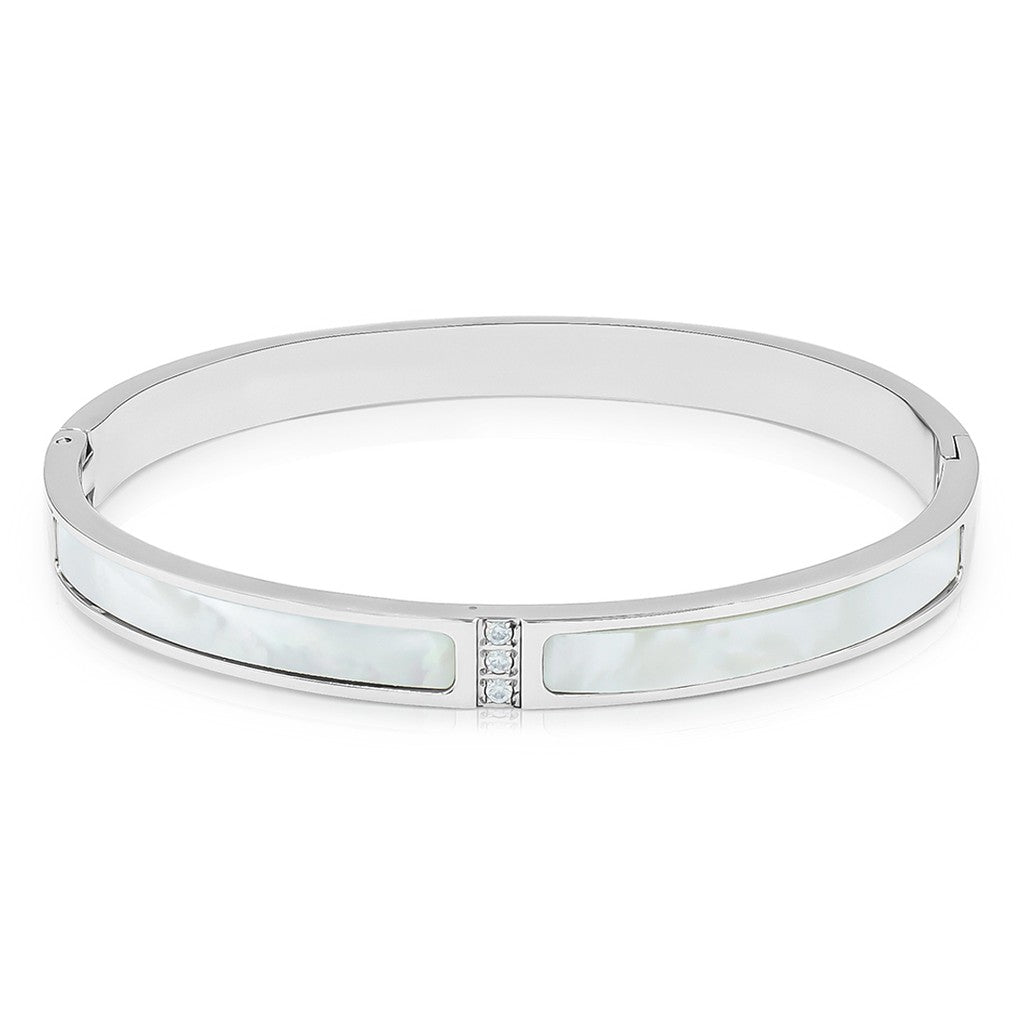 SO SEOUL Claire Mother of Pearl and White Austrian Crystal Encrusted Silver-Toned Hinged Bangle