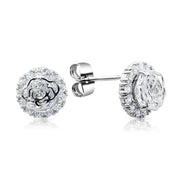 SO SEOUL Camellia Rose Flower Encrusted Solitaire Brilliant Cut Diamond Simulant Cubic Zirconia Stud Earrings
