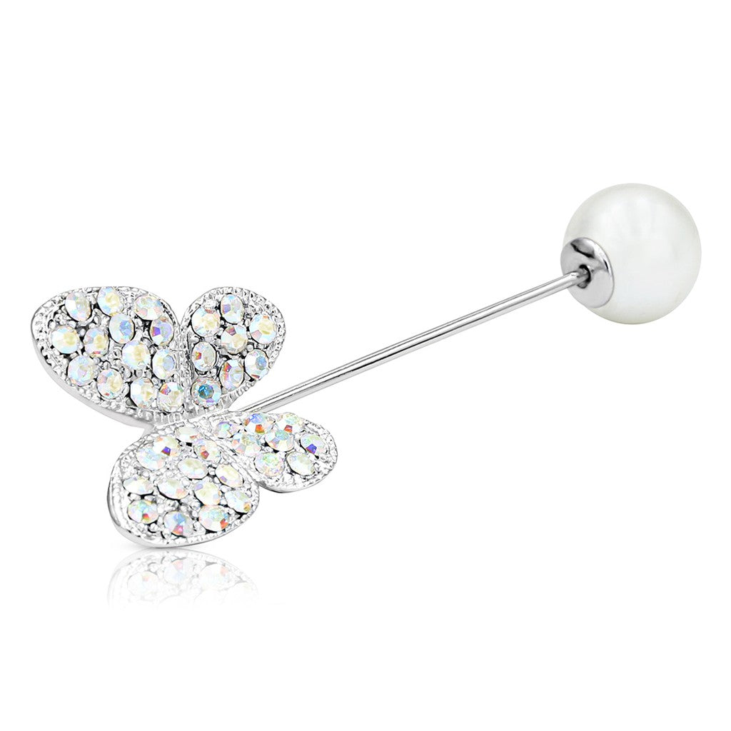 SO SEOUL Caria Butterfly Brooch: Aurore Boreale Austrian Crystal and White Pearl Metal Lapel Pin