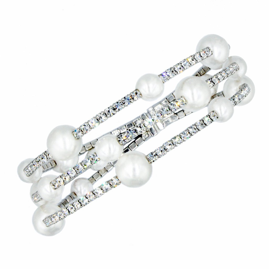 SO SEOUL Quinn Cream White Pearl and Austrian Crystal Multi-Row Adjustable Bangle