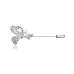 Load image into Gallery viewer, SO SEOUL Elegant Ribbon Bow and Pearl Brooch with Aurore Boreale Austrian Crystal, Swirl Design Metal Lapel Pin
