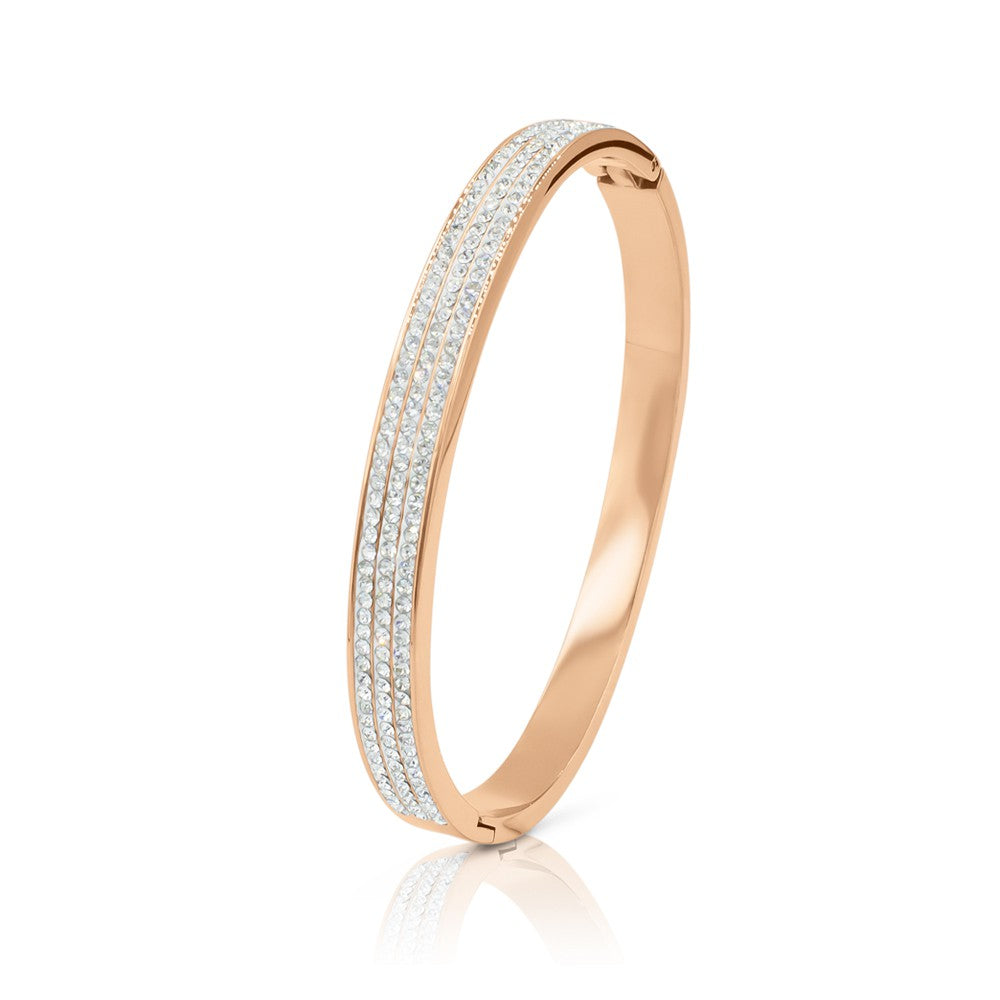 SO SEOUL Chentel Elegance Bangle – Double Row White Austrian Crystals in Rose Gold with Side Hinge