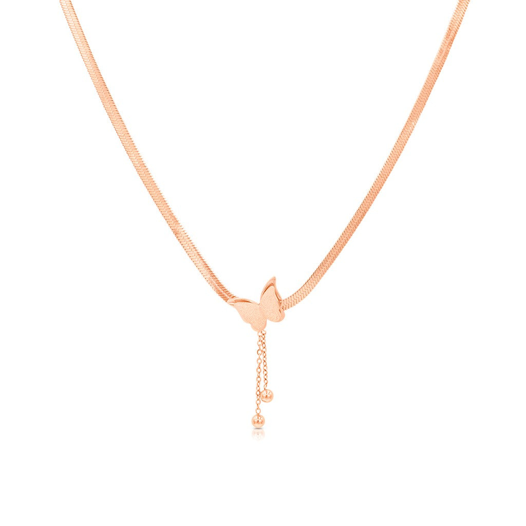 SO SEOUL Caria Rose Gold Butterfly Necklace with Double Tassel and Dangling Bead Accents