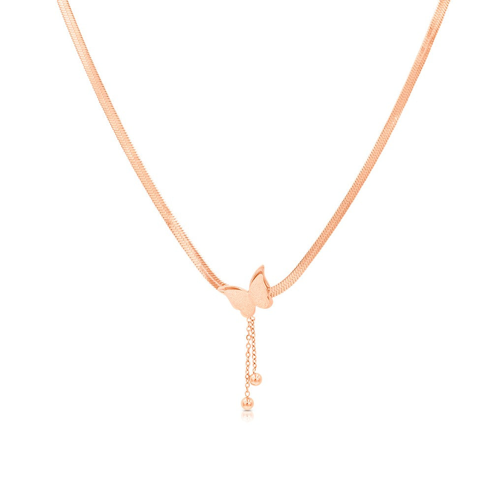 SO SEOUL Caria Butterfly Double Tassel Chain with Dangling Beads Ball Rose Gold Fixed Chain Necklace