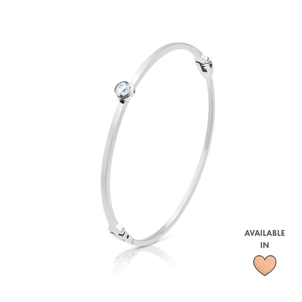 SO SEOUL Athena Solitaire Bangle with Round Brilliant Cut Diamond Simulant Zirconia in Bezel Setting - Available in Rhodium or Rose Gold Finish