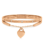Load image into Gallery viewer, SO SEOUL Valeria Rose Gold-Tone Bangle with Roman Numerals, Dangling Heart Charm, and White Austrian Crystal Accents
