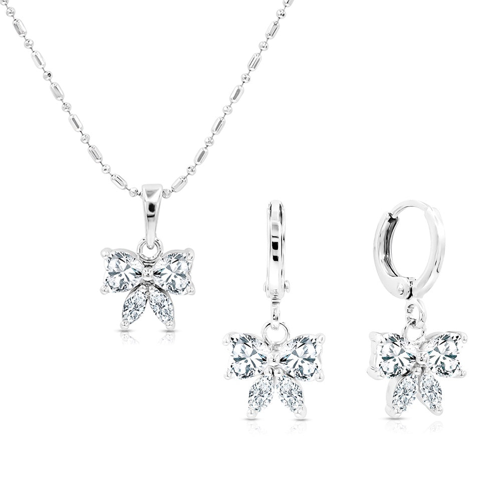 SO SEOUL Graceful Ribbon Bow Design Diamond Simulant Cubic Zirconia Necklace and Earrings Set