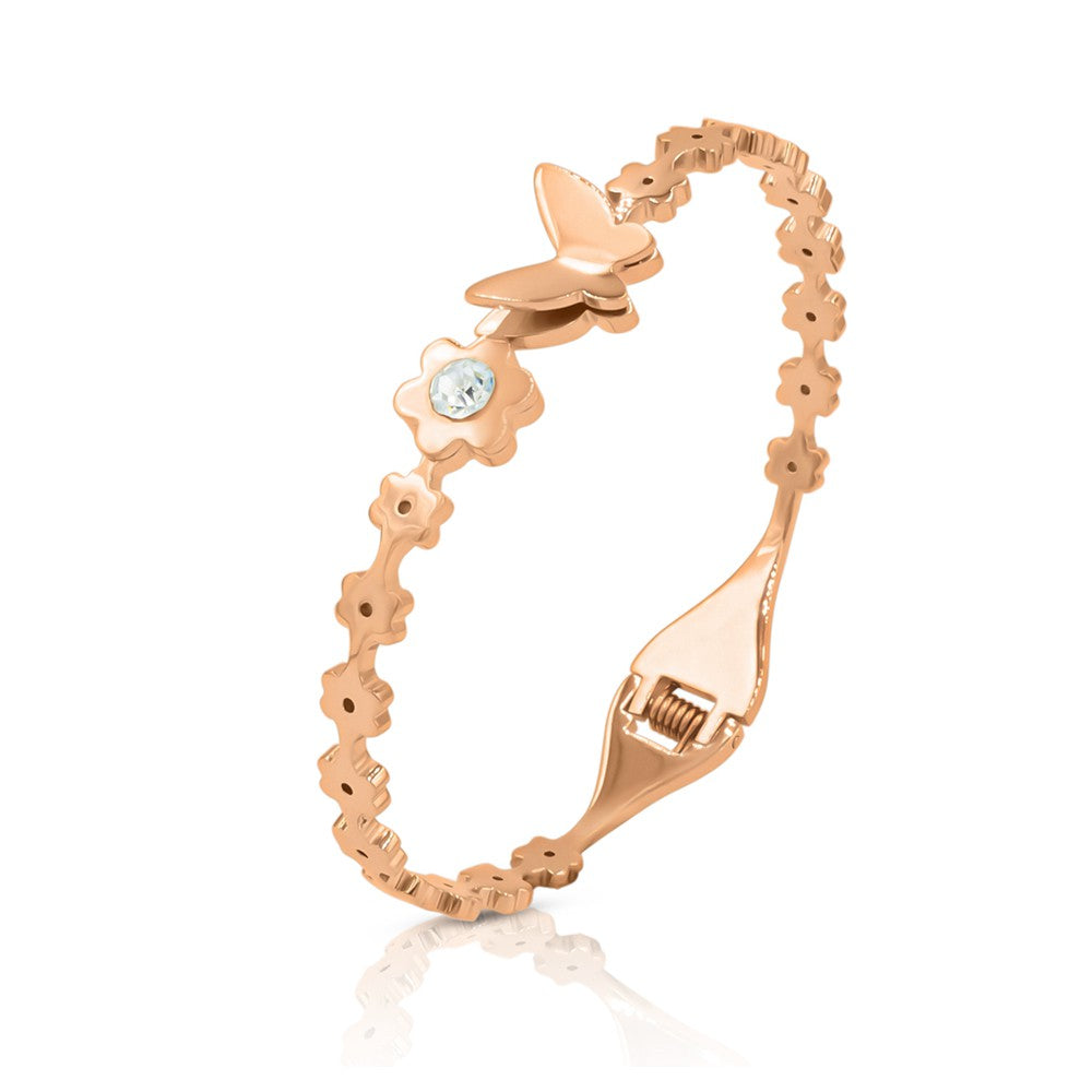 SO SEOUL Caria Butterfly and Leilani Flower White Austrian Crystal Encrusted Rose Gold-Tone Hinged Bangle