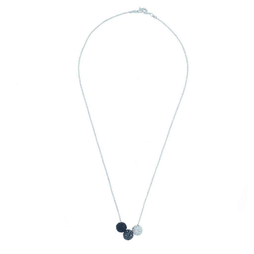 SO SEOUL Arwen Blackberry Triple Lollipop Necklace with Jet Black, Graphite Grey, and Shimmering White Austrian Crystal Balls on Silver Chain
