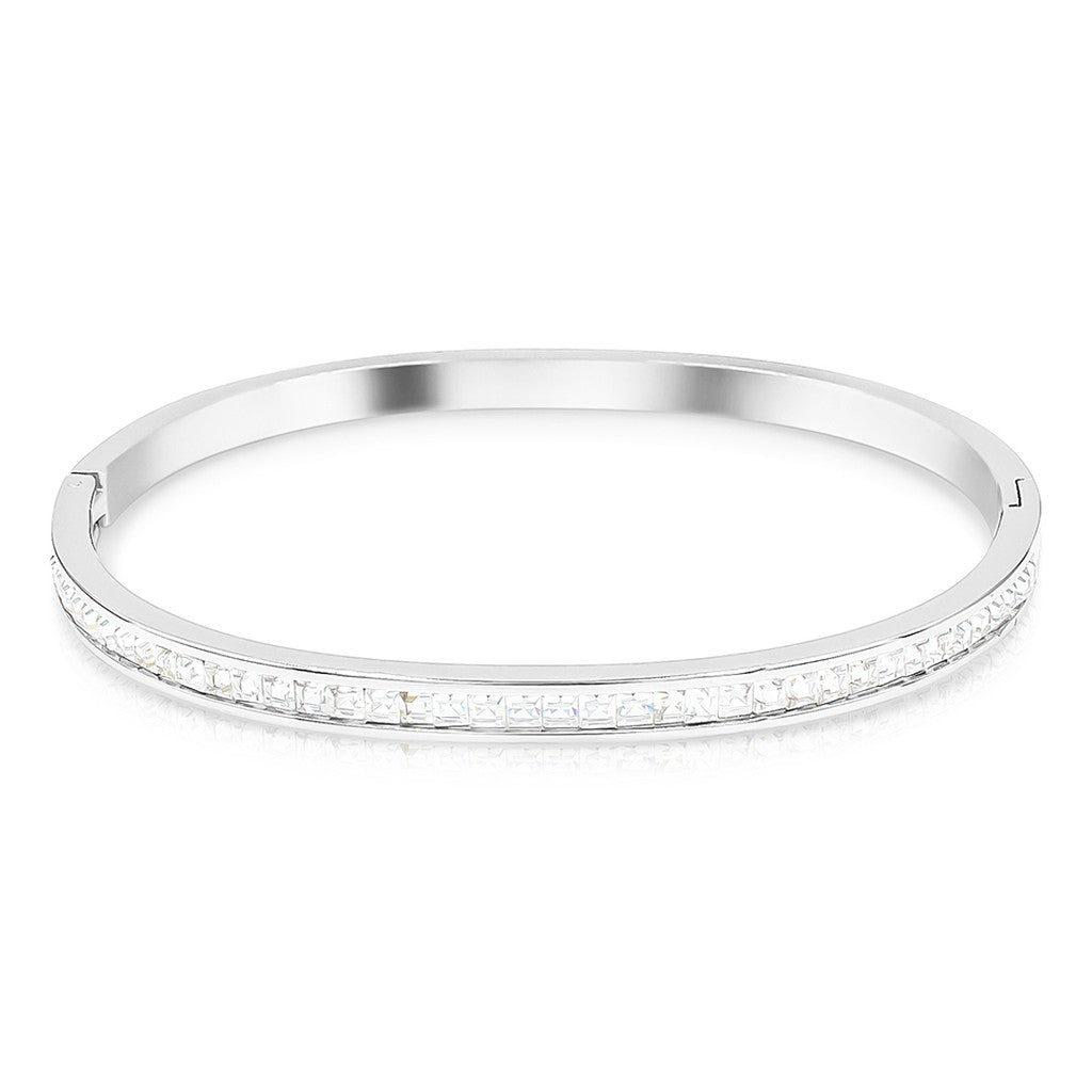 SO SEOUL Allista Classic Single-Band Bangle with Emerald Square Cubic Zirconia in Hinged Silver or Rose Gold