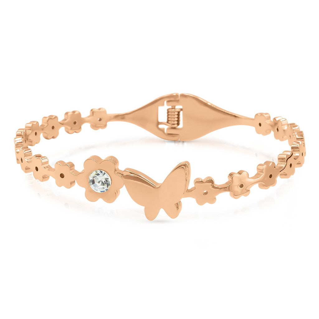 SO SEOUL Caria Butterfly and Leilani Flower White Austrian Crystal Encrusted Rose Gold-Tone Hinged Bangle