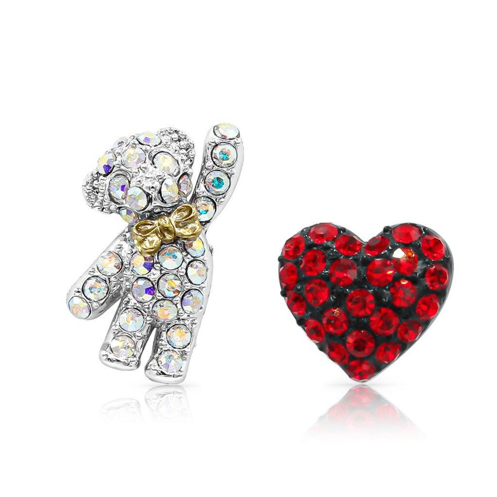 SO SEOUL 'Pretty Teddy' Bear and Red Heart Mismatched Austrian Crystal Stud Earrings