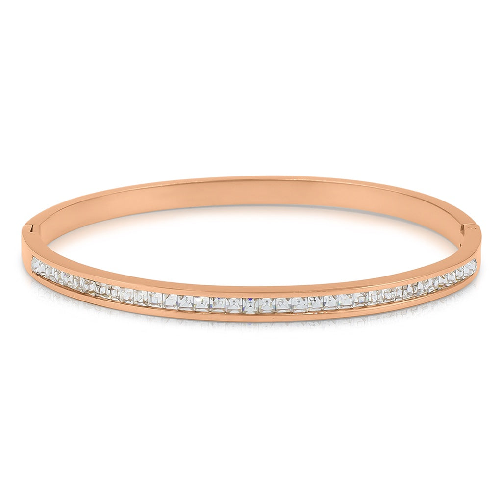 SO SEOUL Allista Classic Single-Band Bangle with Emerald Square Cubic Zirconia in Hinged Silver or Rose Gold